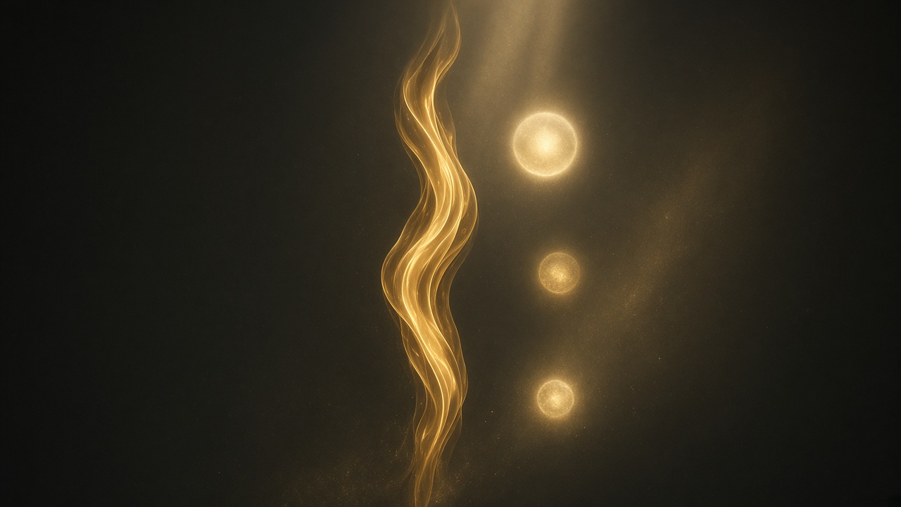 A vertical ribbon of gold light with three soft orbs beside it