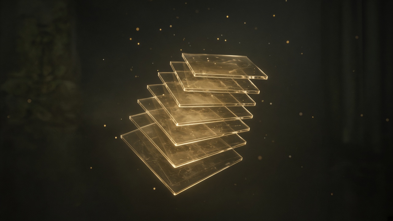 Translucent gold glass cards fanned in a stack