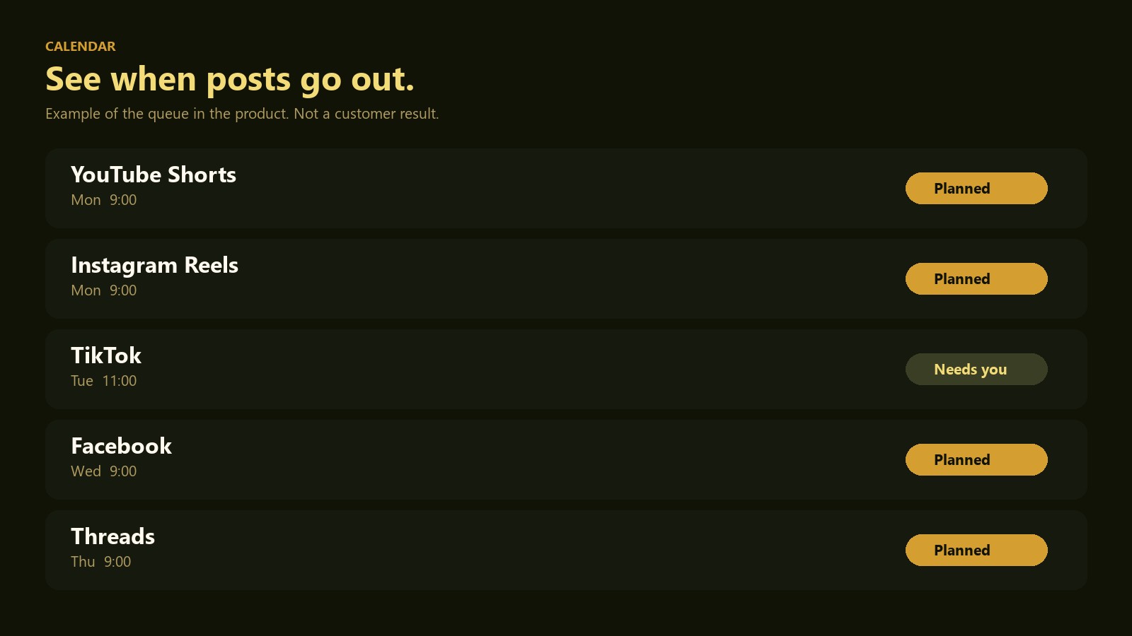 The Vlozy calendar queue for YouTube Shorts, Instagram Reels, TikTok, Facebook, and Threads. An example, not a customer result.