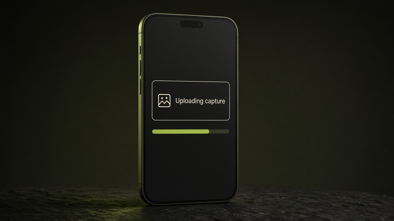 A phone with a lime edge and a short progress bar on a dark background.