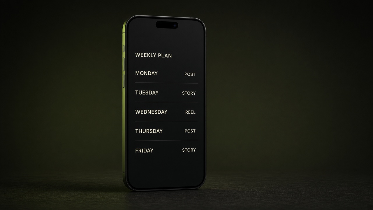 A phone with a lime edge showing a short weekly list on a dark background.
